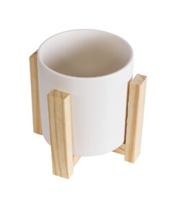 Alternative view of GloboStar® Artificial Garden PUERTO RICO 20542 Διακοσμητικό Κεραμικό Κασπώ Γλάστρα - Flower Pot Λευκό με Μπεζ Ξύλο Φ16 x Υ16cm