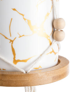 GloboStar® Artificial Garden USBOA 20545 Κρεμαστό Διακοσμητικό Κεραμικό Κασπώ Γλάστρα - Flower Pot Λευκό με Χρυσές Λεπτομέρειες και Μπεζ Ξύλινη Βάση Φ10 x Υ40cm 14 20545 6