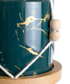 GloboStar® Artificial Garden TALLINN 20546 Κρεμαστό Διακοσμητικό Κεραμικό Κασπώ Γλάστρα - Flower Pot Πράσινο με Χρυσές Λεπτομέρειες και Μπεζ Ξύλινη Βάση Φ10 x Υ40cm 14 20546 6