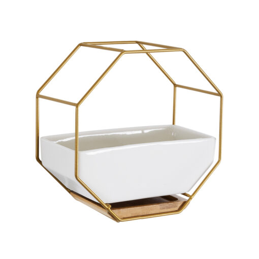 GloboStar® GloboStar® Artificial Garden MANDRITE 20556 Διακοσμητικό Κεραμικό Κασπώ Γλάστρα - Flower Pot Λευκό με Χρυσό Μεταλλικό Πλέγμα και Καφέ Ξύλινη Βάση Μ18 x Π10 x Υ18cm