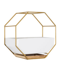 Alternative view of GloboStar® Artificial Garden MANDRITE 20556 Διακοσμητικό Κεραμικό Κασπώ Γλάστρα - Flower Pot Λευκό με Χρυσό Μεταλλικό Πλέγμα και Καφέ Ξύλινη Βάση Μ18 x Π10 x Υ18cm