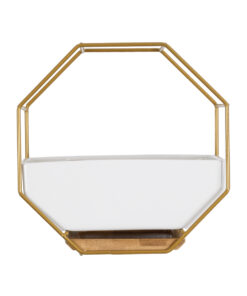 GloboStar® Artificial Garden MANDRITE 20556 Διακοσμητικό Κεραμικό Κασπώ Γλάστρα - Flower Pot Λευκό με Χρυσό Μεταλλικό Πλέγμα και Καφέ Ξύλινη Βάση Μ18 x Π10 x Υ18cm 13 20556 4