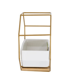 GloboStar® Artificial Garden MANDRITE 20556 Διακοσμητικό Κεραμικό Κασπώ Γλάστρα - Flower Pot Λευκό με Χρυσό Μεταλλικό Πλέγμα και Καφέ Ξύλινη Βάση Μ18 x Π10 x Υ18cm 14 20556 5