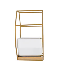 GloboStar® Artificial Garden MANDRITE 20556 Διακοσμητικό Κεραμικό Κασπώ Γλάστρα - Flower Pot Λευκό με Χρυσό Μεταλλικό Πλέγμα και Καφέ Ξύλινη Βάση Μ18 x Π10 x Υ18cm 15 20556 6