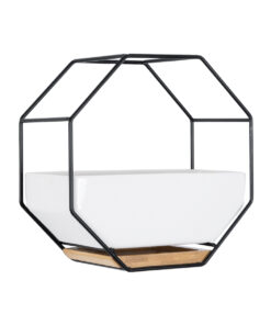 Alternative view of GloboStar® Artificial Garden BIANCO 20557 Διακοσμητικό Κεραμικό Κασπώ Γλάστρα - Flower Pot Λευκό με Μαύρο Μεταλλικό Πλέγμα και Καφέ Ξύλινη Βάση Μ18 x Π10 x Υ18cm