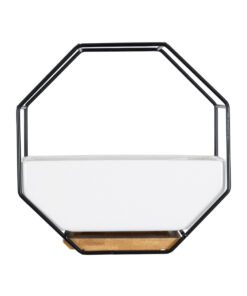 GloboStar® Artificial Garden BIANCO 20557 Διακοσμητικό Κεραμικό Κασπώ Γλάστρα - Flower Pot Λευκό με Μαύρο Μεταλλικό Πλέγμα και Καφέ Ξύλινη Βάση Μ18 x Π10 x Υ18cm 13 20557 4