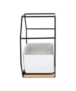 GloboStar® Artificial Garden BIANCO 20557 Διακοσμητικό Κεραμικό Κασπώ Γλάστρα - Flower Pot Λευκό με Μαύρο Μεταλλικό Πλέγμα και Καφέ Ξύλινη Βάση Μ18 x Π10 x Υ18cm 14 20557 5