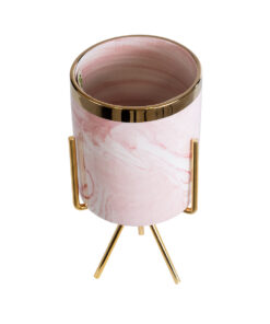Alternative view of GloboStar® Artificial Garden COLORADO 20566 Διακοσμητικό Κεραμικό Κασπώ Γλάστρα - Flower Pot Ροζ με Χρυσή Μεταλλική Βάση και Λευκές Λεπτομέρειες Φ8 x Υ17cm
