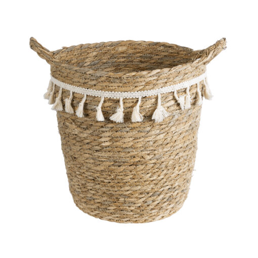 GloboStar® GloboStar® Artificial Garden SANTORINI 20573 Διακοσμητικό Πλεκτό Κασπώ Γλάστρα - Flower Pot Μπεζ με Λευκό Φ26 x Υ28cm