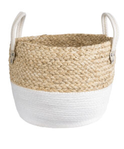 GloboStar® GloboStar® Artificial Garden NEVADA 20577 Διακοσμητικό Πλεκτό Κασπώ Γλάστρα - Flower Pot Μπεζ με Λευκό Φ33 x Υ28cm