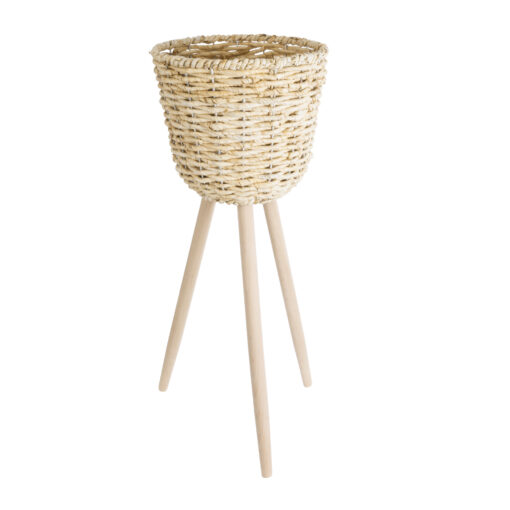 GloboStar® GloboStar® Artificial Garden LIMNOS 20582 Διακοσμητικό Πλεκτό Κασπώ Γλάστρα - Flower Pot Μπεζ με Μπεζ Ξύλο Φ26 x Υ66cm