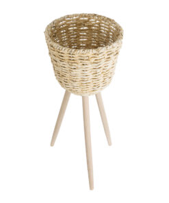 GloboStar® Artificial Garden LIMNOS 20582 Διακοσμητικό Πλεκτό Κασπώ Γλάστρα - Flower Pot Μπεζ με Μπεζ Ξύλο Φ26 x Υ66cm 12 20582 4