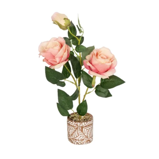 GloboStar® GloboStar® Artificial Garden PINK ROSE 20984 Διακοσμητικό Φυτό Ροζ Τριαντάφυλλα  Υ38cm