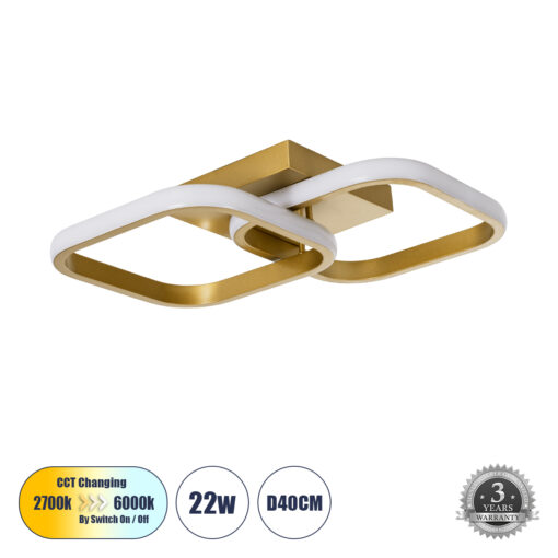 GloboStar® GloboStar® NORA 61063 Φωτιστικό Οροφής Design LED CCT 22W 2640lm 300° AC 220-240V - Εναλλαγή Φωτισμού μέσω Διακόπτη On/Off All In One Ψυχρό 6000k+Φυσικό 4500k+Θερμό 2700k Μ40 x Π24 x Υ7cm - Χρυσό Βούρτσας