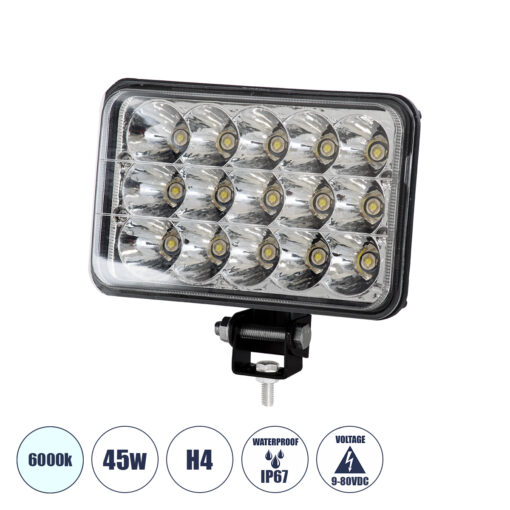 GloboStar® GloboStar® 85420 Vehicle & Forklift Work Lights - Φώτα Εργασίας για Οχήματα Περονοφόρα - Κλάρκ H4 H/L LED 45W DC 9-80V Αδιάβροχο IP67 Ψυχρό Λευκό 6000K Μ20.5 x Π13.5 x Υ6.5cm