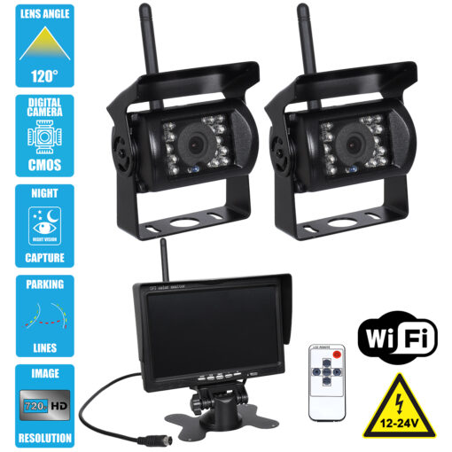 GloboStar® GloboStar® 86031 2 x WiFi Έγχρωμες Κάμερες 720p CMOS HD Οπισθοπορείας Αυτοκινήτου-Φορτηγού DC 12-24V 170° με Οθόνη 7" DC 12-24V Night Capture με Parking Lines και Ασύρματο Χειριστήριο Αδιάβροχη IP65