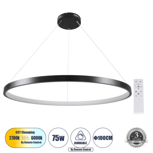 GloboStar® GLOBOSTAR® NEMESIS 61164 Μοντέρνο Κρεμαστό Φωτιστικό Οροφής LED 75W 8743lm 360° AC 220-240V IP20 Ρυθμιζόμενο Λευκό CCT με Χειριστήριο από 2700K έως 6000K Dimmable - Lumileds SMD Chip - Μαύρο - Μ100 x Π100 x Υ4cm - 3 Χρόνια Εγγύηση