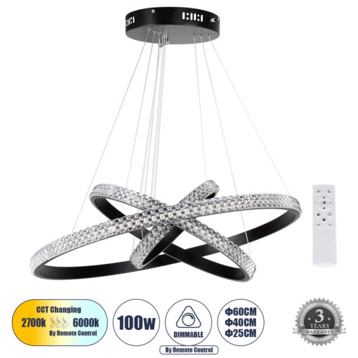 GloboStar® GLOBOSTAR® DIAMOND TRIO 61136-DECO Μοντέρνο Κρεμαστό Φωτιστικό Οροφής LED 100W 12123lm 360° AC 220-240V IP20 Ρυθμιζόμενο Λευκό CCT με Χειριστήριο από 2700K έως 6000K Dimmable - Lumileds SMD Chip - Μαύρο - Μ60 x Π60 x Υ90cm - 3 Χρόνια Εγγύηση