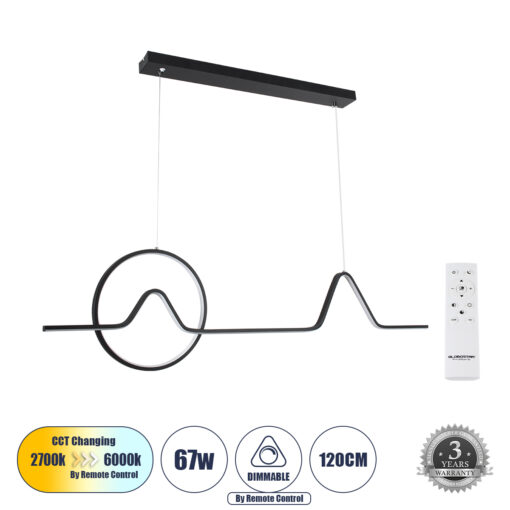 GloboStar® GLOBOSTAR® WINDY 61292 Μοντέρνο Κρεμαστό Φωτιστικό Οροφής LED 67W 7504lm 300° AC 220-240V IP20 Ρυθμιζόμενο Λευκό CCT με Χειριστήριο από 2700K έως 6000K Dimmable - Lumileds SMD Chip - Μαύρο - Μ120 x Π4 x Υ30cm - 3 Χρόνια Εγγύηση