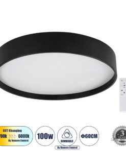 GloboStar® GloboStar® NARNIA 61259 Πλαφονιέρα Οροφής LED CCT 100W 11500lm 120° AC 220-240V - Εναλλαγή Φωτισμού μέσω Τηλεχειριστηρίου All In One Ψυχρό 6000k+Φυσικό 4500k+Θερμό 2700k Dimmable Φ60 x Υ10cm - Μαύρο - 3 Years Warranty
