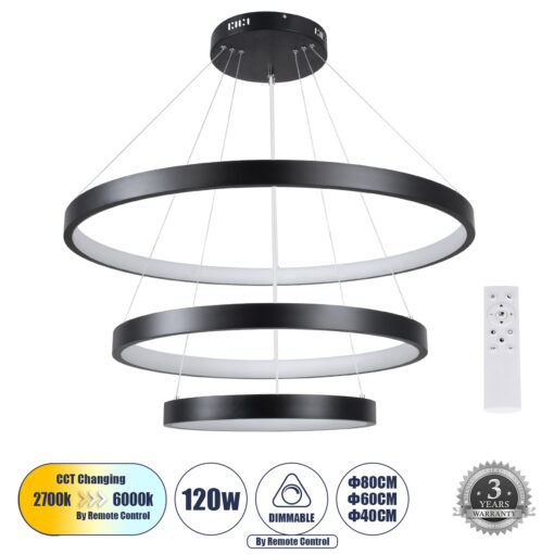 GloboStar® GLOBOSTAR® NEMESIS TRIO 61170 Μοντέρνο Κρεμαστό Φωτιστικό Οροφής LED 120W 14723lm 360° AC 220-240V IP20 Ρυθμιζόμενο Λευκό CCT με Χειριστήριο από 2700K έως 6000K Dimmable - Lumileds SMD Chip - Μαύρο Ματ - Μ80 x Π80 x Υ60cm - 3 Χρόνια Εγγύηση