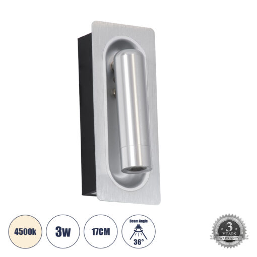 GloboStar® GloboStar® MANHATTAN 61099 Μοντέρνο Χωνευτό Φωτιστικό Τοίχου - Απλίκα Ξενοδοχείου Bed Side LED 3W 405lm 36° AC 220-240V - Reading Light - Μ7 x Π7 x Υ17cm - Φυσικό Λευκό 4500K - Νίκελ Βούρτσας
