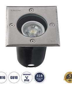 GloboStar® GloboStar® GIGO 60364 Χωνευτό Τετράγωνο Σποτ Δαπέδου για Λάμπα MR16 με Ντουί GU10 - Αδιάβροχο IP68 - IK09 - Ανοξείδωτο Ατσάλι / Stainless Steel 316 - Tempered Glass - Μ11 x Π11 x Υ11.5cm - Nickel Ματ - 5 Years Warranty