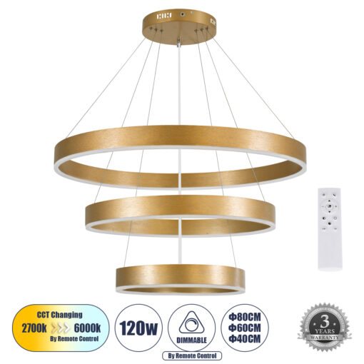 GloboStar® GLOBOSTAR® VENOM TRIO 61190 Μοντέρνο Κρεμαστό Φωτιστικό Οροφής LED 120W 14158lm 120° AC 220-240V IP20 Ρυθμιζόμενο Λευκό CCT με Χειριστήριο από 2700K έως 6000K Dimmable - Lumileds SMD Chip - Χρυσό Βούρτσας - Μ80 x Π80 x Υ60cm - 3 Χρόνια Εγγύηση