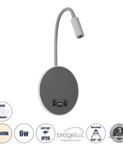 GloboStar® GloboStar® GOOSE 60882 Μοντέρνο Φωτιστικό Τοίχου - Απλίκα Ξενοδοχείου Bed Side LED 6W 600lm 36° & 360° AC 220-240V - Reading Light & 360° Κρυφός Φωτισμός - Φορτιστής USB 3A - Μ15.5 x Π15 x Υ30.5cm - Φυσικό Λευκό 4500K - Γκρι Ανθρακί - 3 Xρόνια Εγγύηση