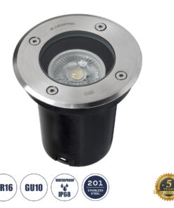 GloboStar® GloboStar® GIGO 60361 Χωνευτό Στρόγγυλο Σποτ Δαπέδου για Λάμπα MR16 με Ντουί GU10 - Αδιάβροχο IP68 - IK09 - Ανοξείδωτο Ατσάλι / Stainless Steel 201 - Tempered Glass - Φ11 x Υ11.5cm - Nickel Ματ - 5 Years Warranty