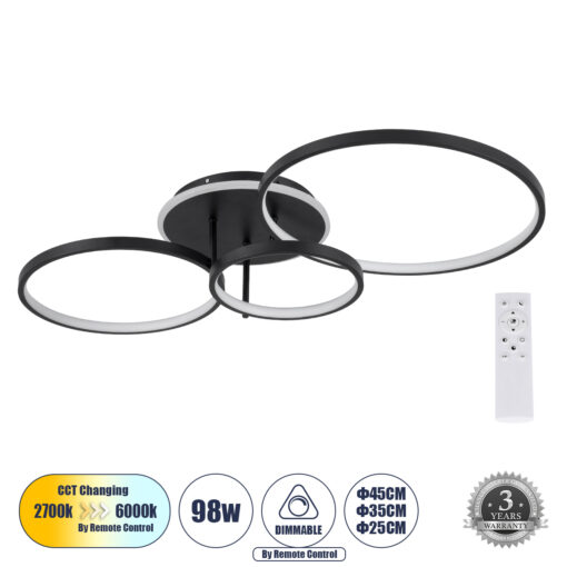 GloboStar® GLOBOSTAR® NEMESIS 61108 Μοντέρνο Φωτιστικό Οροφής LED 98W 11858lm 360° AC 220-240V IP20 Ρυθμιζόμενο Λευκό CCT με Χειριστήριο από 2700K έως 6000K Dimmable - Lumileds SMD Chip - Μαύρο Ματ - Μ89 x Π60 x Υ19cm - 3 Χρόνια Εγγύηση