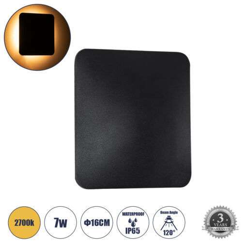 GloboStar® GloboStar® HELIO-S 60662 Φωτιστικό Τοίχου - Απλίκα Αρχιτεκτονικού Φωτισμού Εσωτερικού/Εξωτερικού Χώρου LED 7W 805lm 120° x 360° AC 220-240V Αδιάβροχο IP65 Μ16 x Π5 x Υ16cm - Θερμό Λευκό 2700K - Μαύρο - Τετράγωνο - Bridgelux Chip - 3 Years Warranty