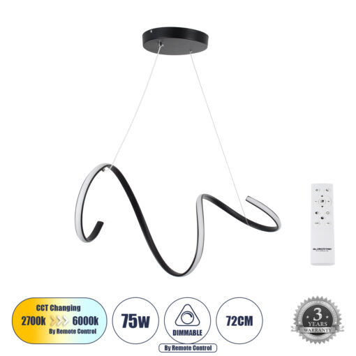 GloboStar® GLOBOSTAR® SPIRALE 61283 Μοντέρνο Κρεμαστό Φωτιστικό Οροφής LED 75W 8400lm 300° AC 220-240V IP20 Ρυθμιζόμενο Λευκό CCT με Χειριστήριο από 2700K έως 6000K Dimmable - Lumileds SMD Chip - Μαύρο - Μ72 x Π25 x Υ30cm - 3 Χρόνια Εγγύηση
