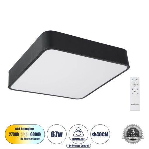 GloboStar® GloboStar® KAMALA 61206-S Πλαφονιέρα Οροφής LED CCT 67W 7370lm 120° AC 220-240V - Εναλλαγή Φωτισμού μέσω Τηλεχειριστηρίου All In One Ψυχρό 6000k+Φυσικό 4500k+Θερμό 2700k Dimmable Μ40 x Π40 x Υ8cm- Μαύρο - 3 Years Warranty