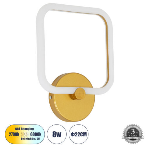 GloboStar® GloboStar® ELIZA 61344 Φωτιστικό Τοίχου - Απλίκα Design LED CCT 8W 960lm 360° AC 220-240V - Εναλλαγή Φωτισμού μέσω Διακόπτη On/Off All In One Ψυχρό 6000k+Φυσικό 4500k+Θερμό 2700k Μ22 x Π5 x Υ28.5cm - Χρυσό - 3 Years Warranty