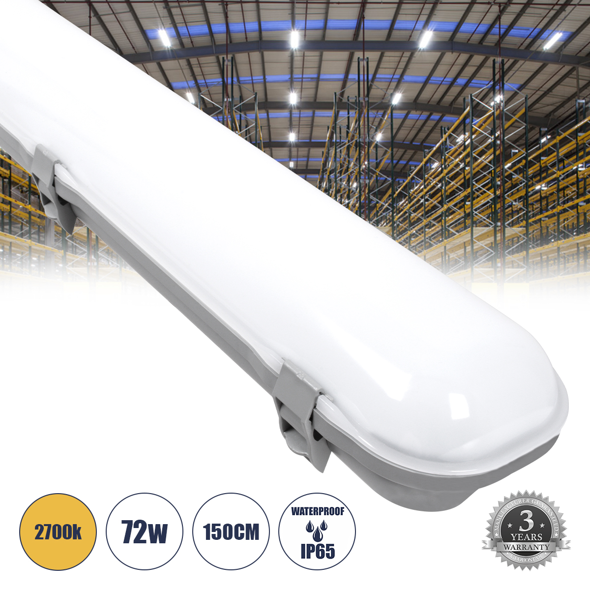 GloboStar® 60178 LED Γραμμικό Βιομηχανικό Φωτιστικό Tri-Proof 150cm 72W 8162lm 120° AC 220-240V Αδιάβροχο IP65 Μ150 x Π10,5 x Υ8cm Θερμό Λευκό 2700K - 3 Χρόνια Εγγύηση 2 5 x Υ8cm Θερμό Λευκό 2700K - 3 Χρόνια Εγγύηση