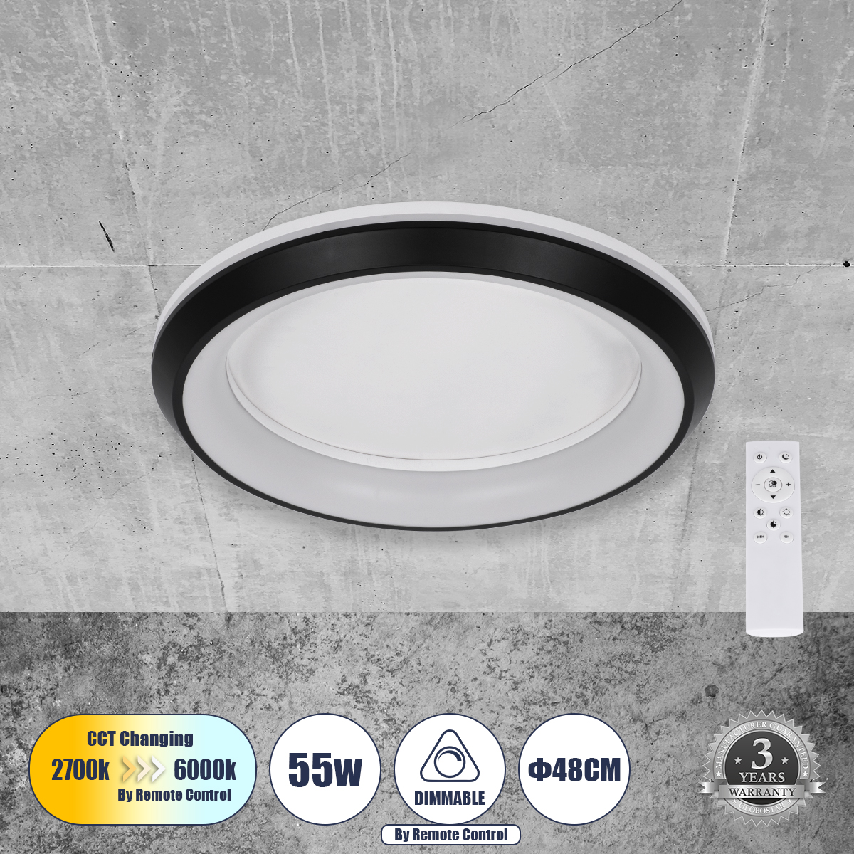 GloboStar® MELINA 61040 Πλαφονιέρα Οροφής Κύκλος LED CCT 55W 6376lm 120° AC 220-240V - Εναλλαγή Φωτισμού μέσω Τηλεχειριστηρίου All In One Ψυχρό Λευκό 6000k+Φυσικό Λευκό 4500k+Θερμό Λευκό 2700k Dimmable Φ48cm - Μαύρο - 3 Years Warranty 3 GloboStar® GloboStar® MELINA 61040 Πλαφονιέρα Οροφής Κύκλος LED CCT 55W 6376lm 120° AC 220-240V - Εναλλαγή Φωτισμού μέσω Τηλεχειριστηρίου All In One Ψυχρό Λευκό 6000k+Φυσικό Λευκό 4500k+Θερμό Λευκό 2700k Dimmable Φ48cm - Μαύρο - 3 Years Warranty