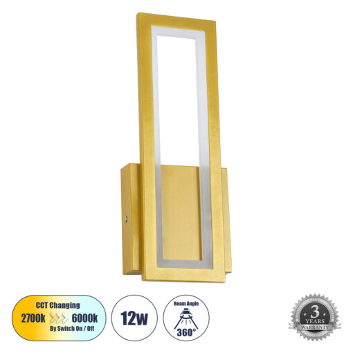 GloboStar® GloboStar® TIARA 61328 Φωτιστικό Τοίχου - Απλίκα Design LED CCT 12W 1440lm 360° AC 220-240V - Εναλλαγή Φωτισμού μέσω Διακόπτη On/Off All In One Ψυχρό 6000k+Φυσικό 4500k+Θερμό 2700k Μ12.5 x Π4 x Υ32cm - Χρυσό - 3 Years Warranty