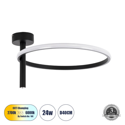 GloboStar® GloboStar® VERONA 61220 Φωτιστικό Οροφής Δαχτυλίδι-Κύκλος LED CCT 24W 2688lm 360° AC 220-240V - Εναλλαγή Φωτισμού μέσω Διακόπτη On/Off All In One Ψυχρό 6000k+Φυσικό 4500k+Θερμό 2700k Φ40 x Υ23cm - Μαύρο - 3 Χρόνια Εγγύηση