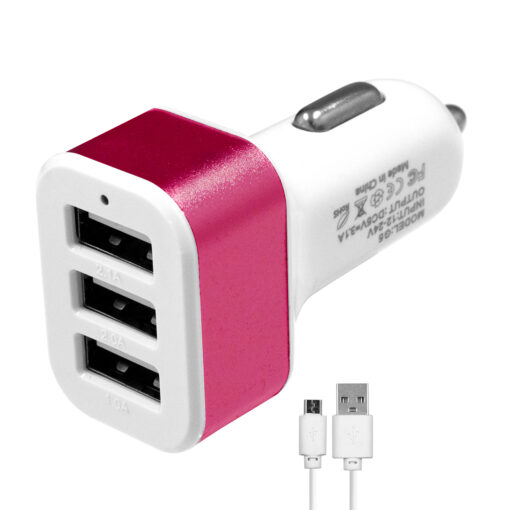 GloboStar® Globostar® 79504 Ροζ Φορτιστής Αυτοκινήτου DC 12-24V με 3 Εξόδους USB DC 5V Max 3.1A 20W και Καλώδιο USB σε Type-C