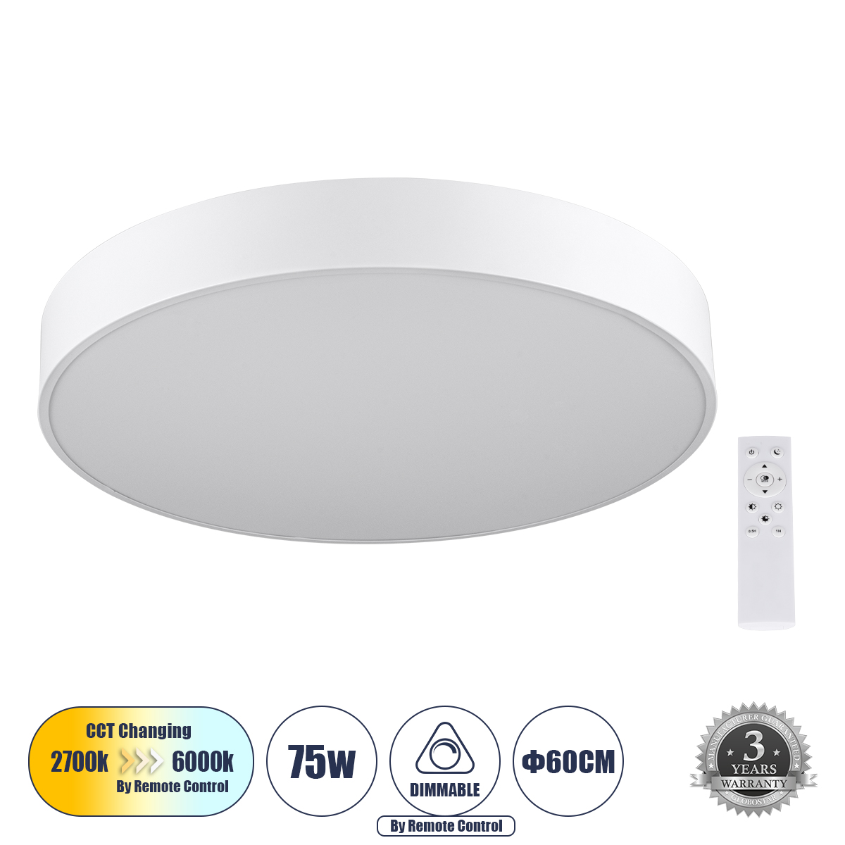 GloboStar® BURTON 61203-S Πλαφονιέρα Οροφής LED CCT 75W 8625lm 120° AC 220-240V - Εναλλαγή Φωτισμού μέσω Τηλεχειριστηρίου All In One Ψυχρό 6000k+Φυσικό 4500k+Θερμό 2700k Dimmable Φ60cm - Λευκό - 3 Years Warranty 3 GloboStar® GloboStar® BURTON 61203-S Πλαφονιέρα Οροφής LED CCT 75W 8625lm 120° AC 220-240V - Εναλλαγή Φωτισμού μέσω Τηλεχειριστηρίου All In One Ψυχρό 6000k+Φυσικό 4500k+Θερμό 2700k Dimmable Φ60cm - Λευκό - 3 Years Warranty