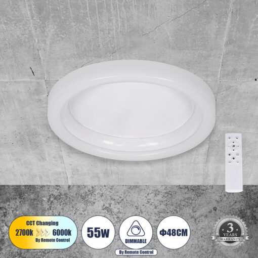 GloboStar® GloboStar® ARIANA 61035 Πλαφονιέρα Οροφής Κύκλος LED CCT 55W 6376lm 120° AC 220-240V - Εναλλαγή Φωτισμού μέσω Τηλεχειριστηρίου All In One Ψυχρό Λευκό 6000k+Φυσικό Λευκό 4500k+Θερμό Λευκό 2700k Dimmable Φ48cm - Λευκό - 3 Years Warranty