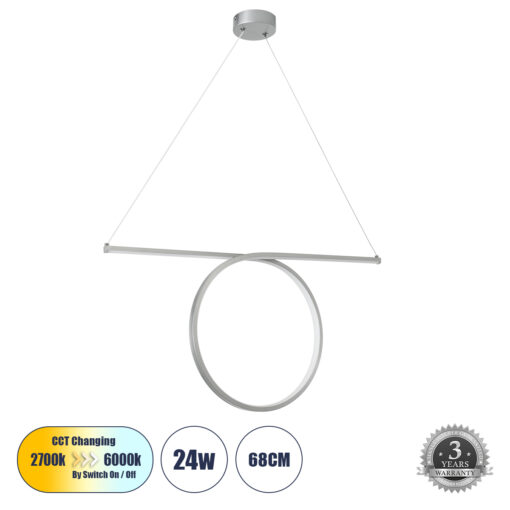GloboStar® GLOBOSTAR® ROME 61296 Μοντέρνο Κρεμαστό Φωτιστικό Οροφής LED 24W 2640lm 200° AC 220-240V IP20 Ρυθμιζόμενο Λευκό CCT με On/Off 2700K/4500K/6000K - Lumileds SMD Chip - Νίκελ Βούρτσας - Μ65.5 x Π4 x Υ33cm - 3 Χρόνια Εγγύηση