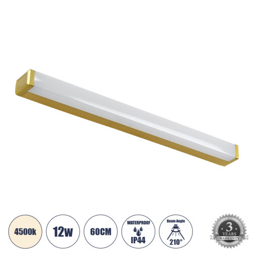 GloboStar® GloboStar® RENATA 60441 Μοντέρνο Φωτιστικό Τοίχου - Απλίκα Καθρέπτη Μπάνιου - Πίνακα LED 12W 1400lm 210° AC 220-240V IP44 Μ60 x Π4 x Υ5.5cm - Φυσικό Λευκό 4500K - Χρυσό - 3 Χρόνια Εγγύηση