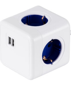 GloboStar® GloboStar® TRAVEL PowerCube PRO Certified 79643 Πολύπριζο 6 Θέσεων με 1.5m Kαλώδιο - 4 Πρίζες Ασφαλείας Childproof EU Schuko AC 220-240V & 2 Πρίζες USB Max 2.1A/DC 5V Μ7.5 x Π7.5 x Υ7.5 - Λευκό με Μπλε - Max Load 3680W/16A