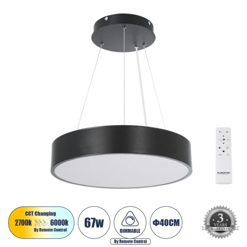 GloboStar® GLOBOSTAR® BURTON 61200-P Μοντέρνο Κρεμαστό Φωτιστικό Οροφής LED 67W 7370lm 120° AC 220-240V IP20 Ρυθμιζόμενο Λευκό CCT με Χειριστήριο από 2700K έως 6000K Dimmable - Lumileds SMD Chip - Μαύρο - Μ40 x Π40 x Υ8cm - 3 Χρόνια Εγγύηση