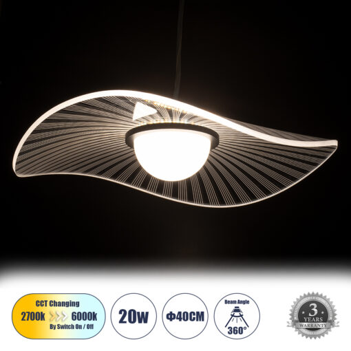 GloboStar® GLOBOSTAR® ACRYLICA 60974 Μοντέρνο Κρεμαστό Φωτιστικό Οροφής LED 20W 2240lm 360° AC 220-240V IP20 Ρυθμιζόμενο Λευκό CCT με On/Off 2700K/4500K/6000K - Lumileds SMD Chip - Διάφανο & Μαύρο - Μ40 x Π40 x Υ6.5cm - 3 Χρόνια Εγγύηση