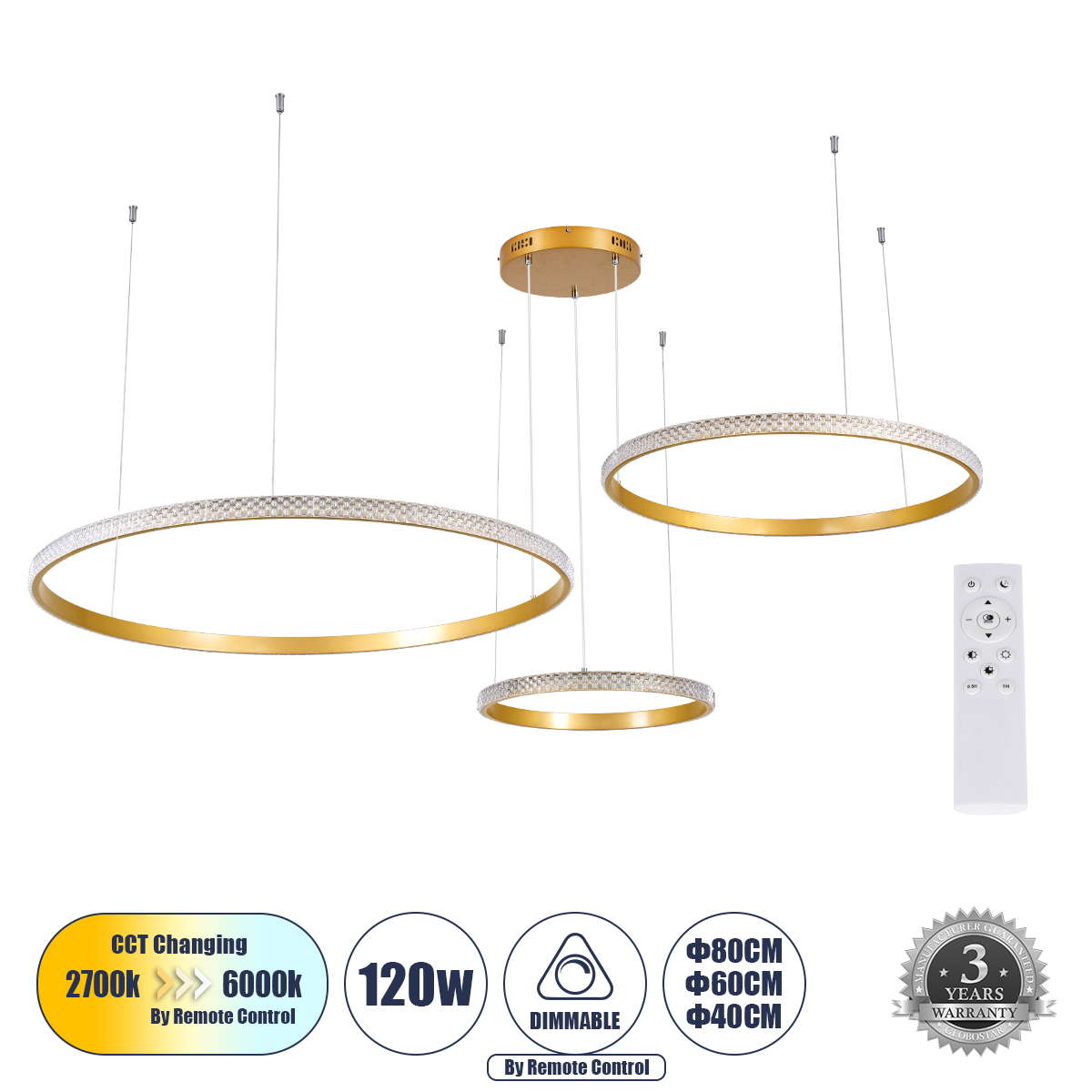 GLOBOSTAR® DIAMOND TRIO 61145 Μοντέρνο Κρεμαστό Φωτιστικό Οροφής LED 120W 14723lm 360° AC 220-240V IP20 Ρυθμιζόμενο Λευκό CCT με Χειριστήριο από 2700K έως 6000K Dimmable - Lumileds SMD Chip - Χρυσό Βούρτσας - Μ150 x Π150 x Υ60cm - 3 Χρόνια Εγγύηση 3 GloboStar® GLOBOSTAR® DIAMOND TRIO 61145 Μοντέρνο Κρεμαστό Φωτιστικό Οροφής LED 120W 14723lm 360° AC 220-240V IP20 Ρυθμιζόμενο Λευκό CCT με Χειριστήριο από 2700K έως 6000K Dimmable - Lumileds SMD Chip - Χρυσό Βούρτσας - Μ150 x Π150 x Υ60cm - 3 Χρόνια Εγγύηση