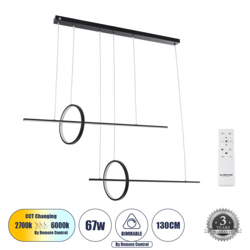 GloboStar® GLOBOSTAR® LINEARE 61290 Μοντέρνο Κρεμαστό Φωτιστικό Οροφής LED 67W 7504lm 300° AC 220-240V IP20 Ρυθμιζόμενο Λευκό CCT με Χειριστήριο από 2700K έως 6000K Dimmable - Lumileds SMD Chip - Μαύρο Ματ - Μ130 x Π25 x Υ60cm - 3 Χρόνια Εγγύηση