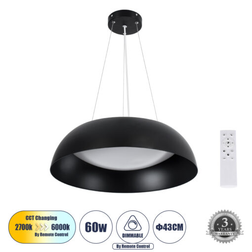 GloboStar® GLOBOSTAR® ANATOLIA 61267 Μοντέρνο Κρεμαστό Φωτιστικό Οροφής LED 60W 6900lm 120° AC 220-240V IP20 Ρυθμιζόμενο Λευκό CCT με Χειριστήριο από 2700K έως 6000K Dimmable - Lumileds SMD Chip - Μαύρο - Μ43 x Π43 x Υ11cm - 3 Χρόνια Εγγύηση